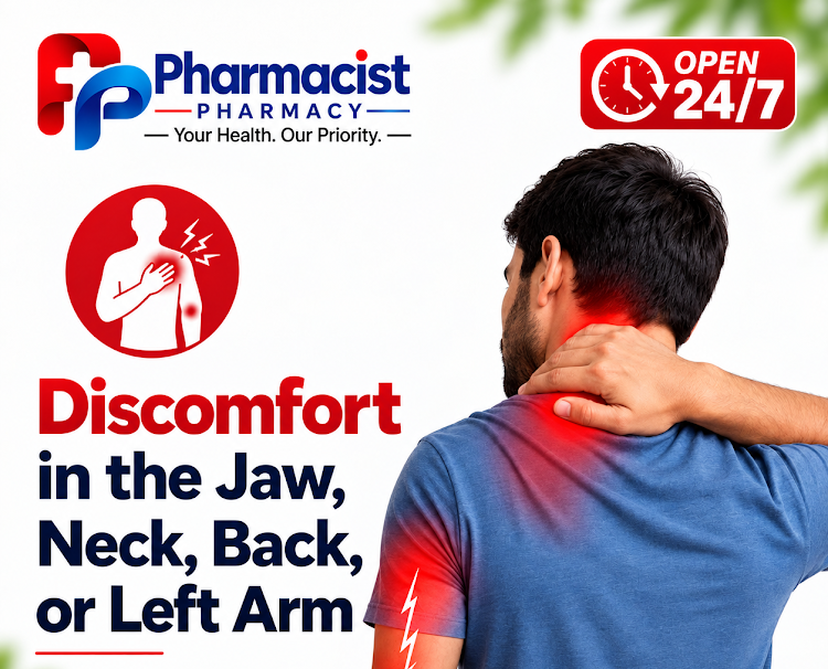 Discomfort in the jaw, neck, back or left arm awareness poster